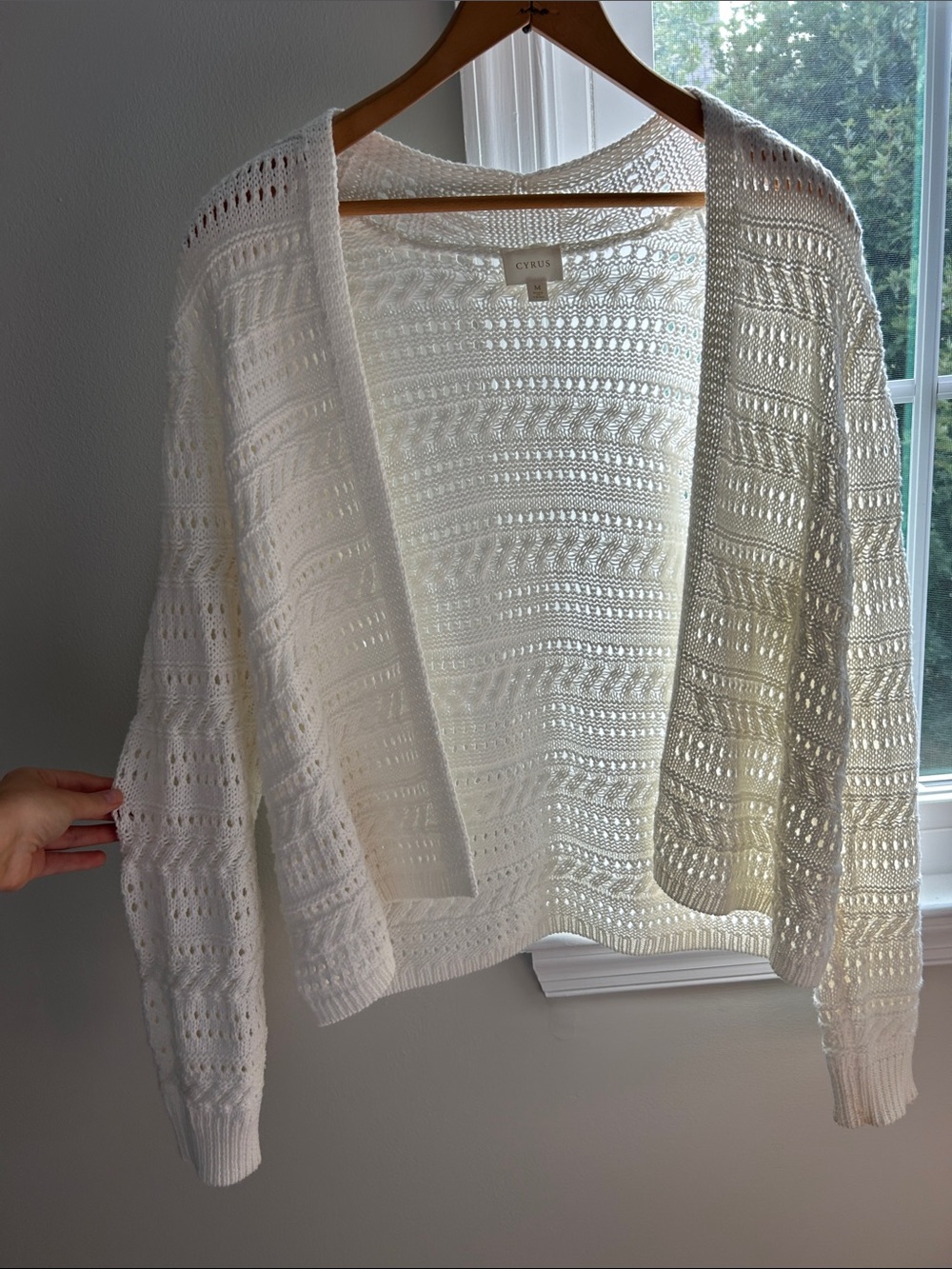 Open-Front Pointelle Knit Cardigan - White